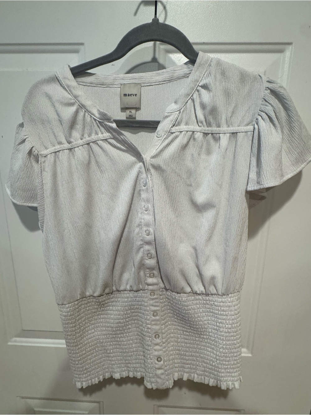 Maeve Cream Button-Front Smocked Waist Blouse
